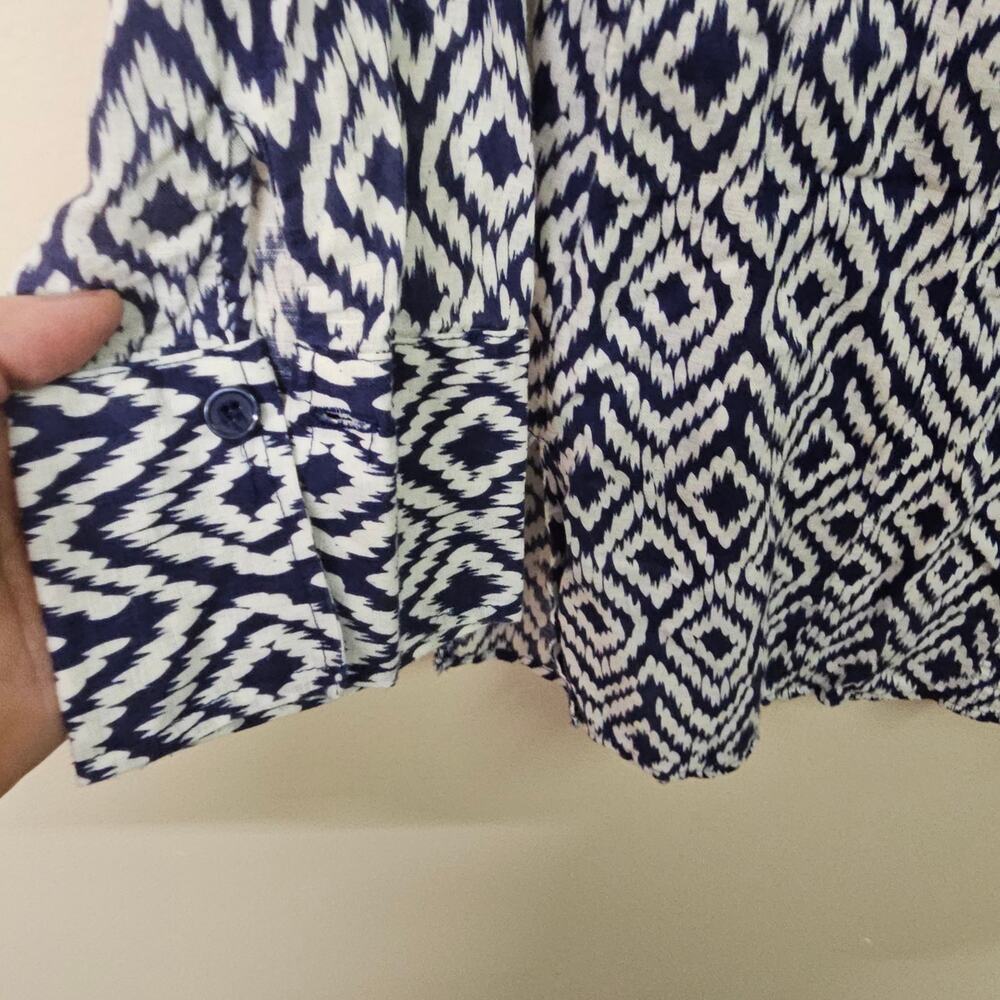 Navy and White Linen Blend Ikat Print Button Down Blouse Size S | Grand & Green - Picture 5 of 7